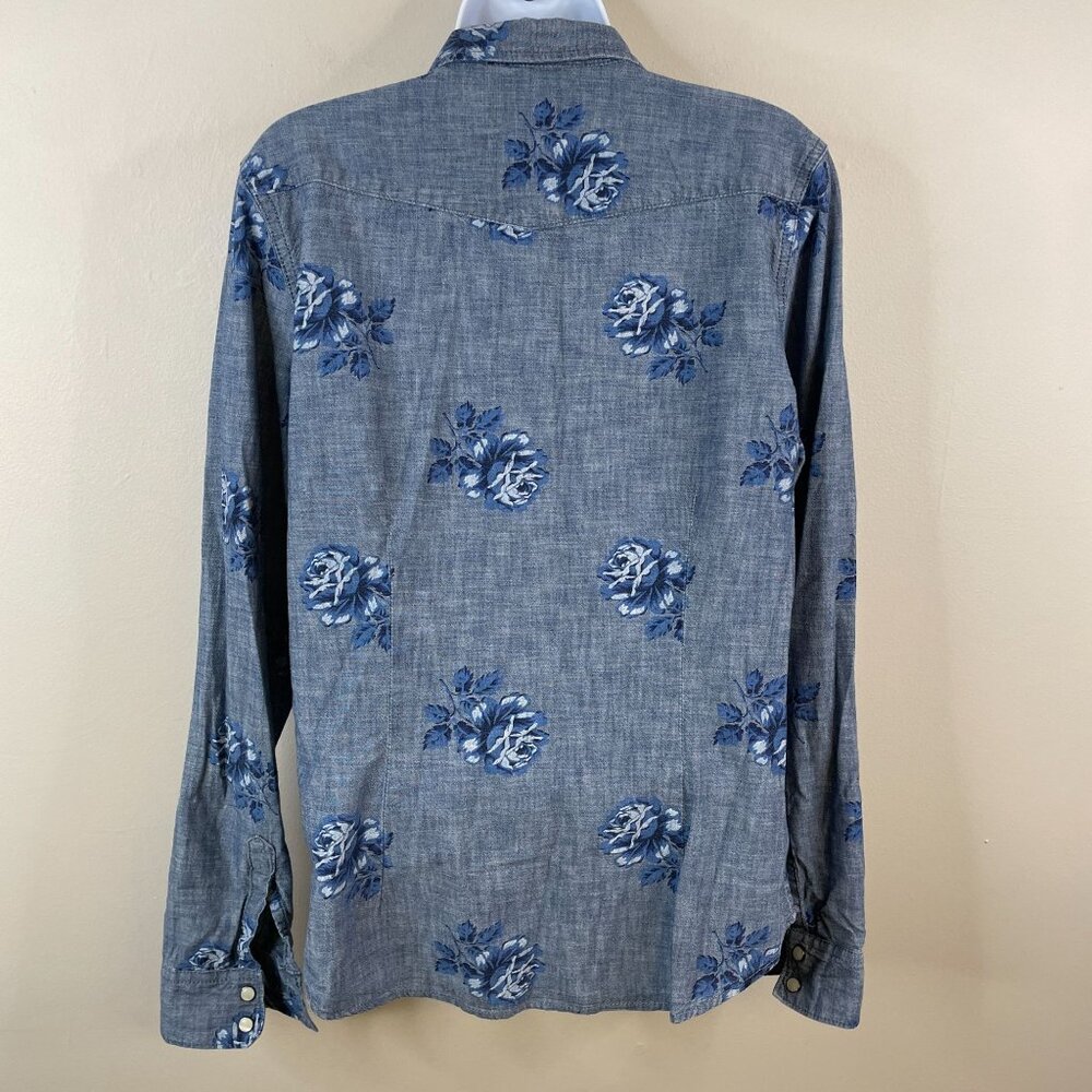 Gap 1969 Cowgirl Floral Chambray Pearl Snap Top Size M Country Western Rodeo - Picture 2 of 13